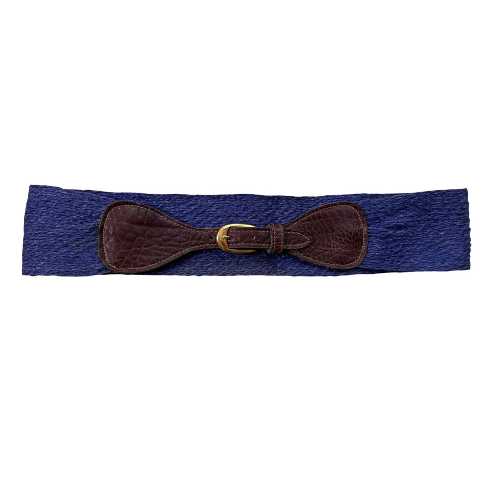 Vintage Blue Woven Straw Leather Trim Wide Waist Cinch Belt Made in USA 32 1897